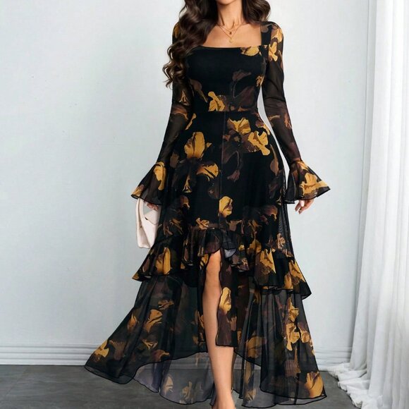 Multicolor Elegant Women's Sexy Romantic Ruffled Long Sleeve Dress - Picture 3 of 6